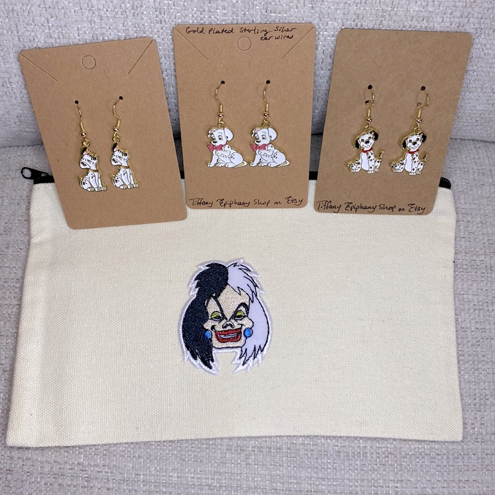 Disney inspired 101 Dalmatians bundle Cruella Pouch & 3 pairs Dalmatian Earrings